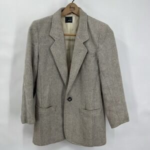 Vintage Blazer Gray Ivory Herringbone Tweed Weave‎ Wool Cotton Blend 4P Workwear